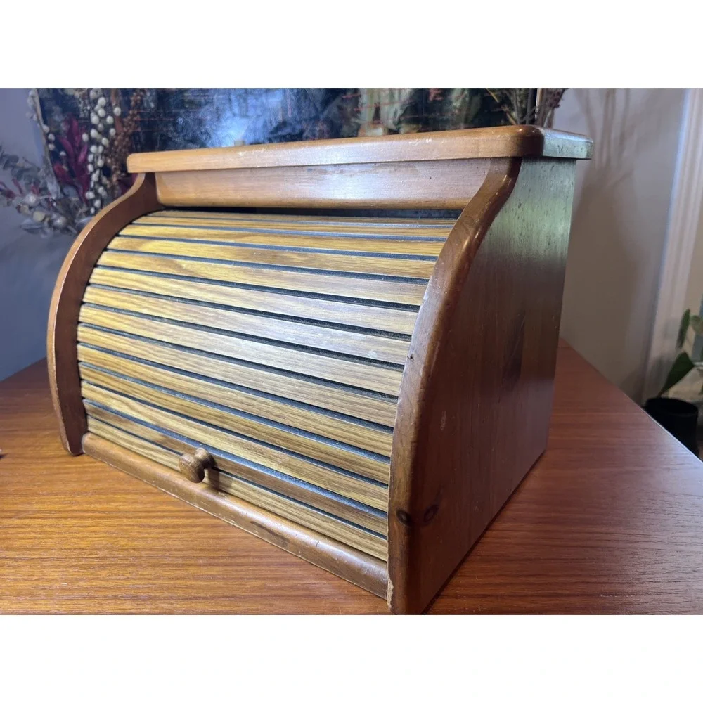 Vintage Roll Top Oak Wood Bread Box Farmhouse Cottage Kitchen Storage Grannycore